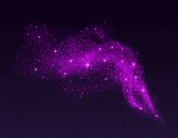 Vector illustration of Magic cloud with sparkles, purple fairy stardust with sparks. Shiny fog for a witch spell, cosmic dust with glowing flares isolated on a dark background. Vector illustration.