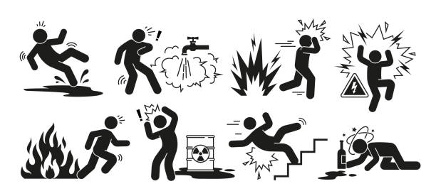 Set of simple warning signs Set of warning signs. Fire, high voltage electricity, slippery floors, steep stairs, toxic substances. Risk symbols for personal safety. Cartoon flat vector collection isolated on white background hot male drawing stock illustrations