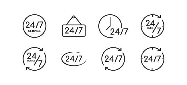 24/7 서비스 오픈, 하루 24시간, 주 7일 아이콘 세트. 기술 지원의 개념.  시간표, 시간표, 시간 표시. 배달, 쇼핑 기호. - 영업시간 표시 일러스트 stock illustrations