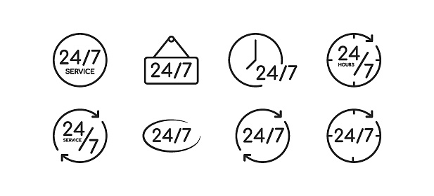 24/7 Service open, 24 hours a day, 7 days a week icon set. Concept of tech supporting.  Timetable, time, hours signs. Delivery, shopping symbol. Vector illustration.