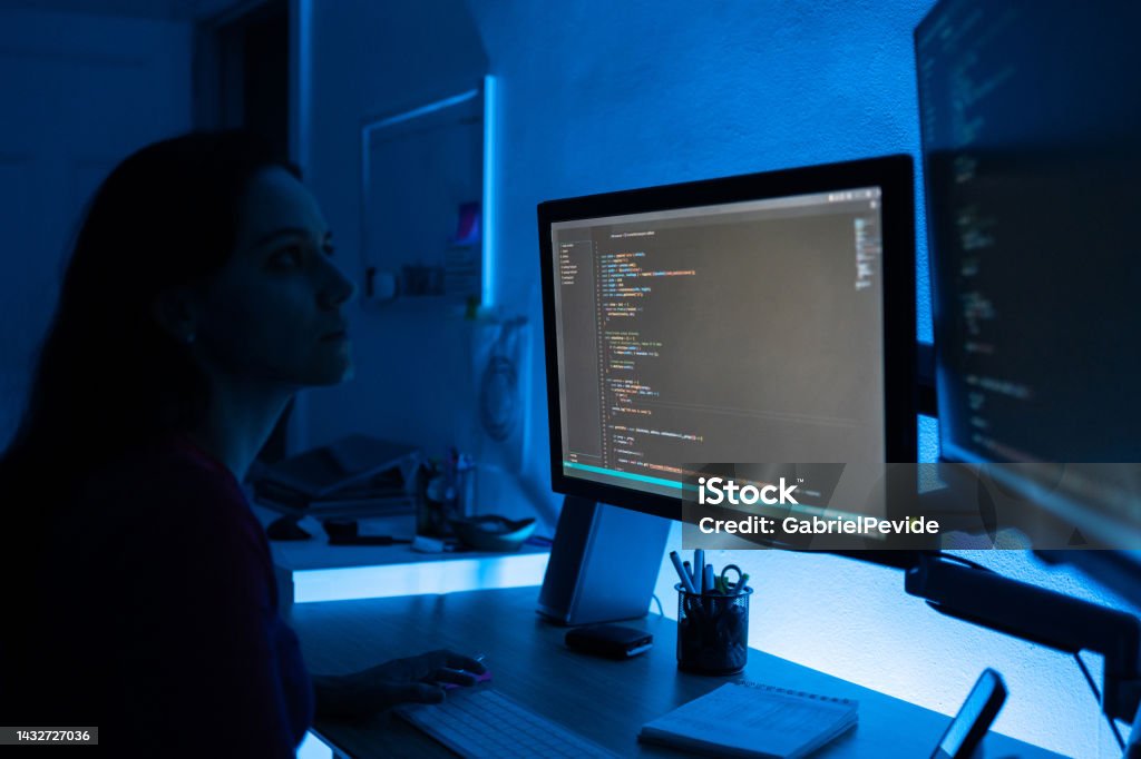 Woman Programming Software Codes Overnight Stock Photo - Download Image ...