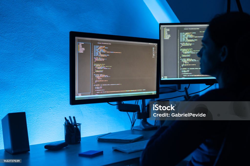 Woman Programming Software Codes Overnight Stock Photo - Download Image ...