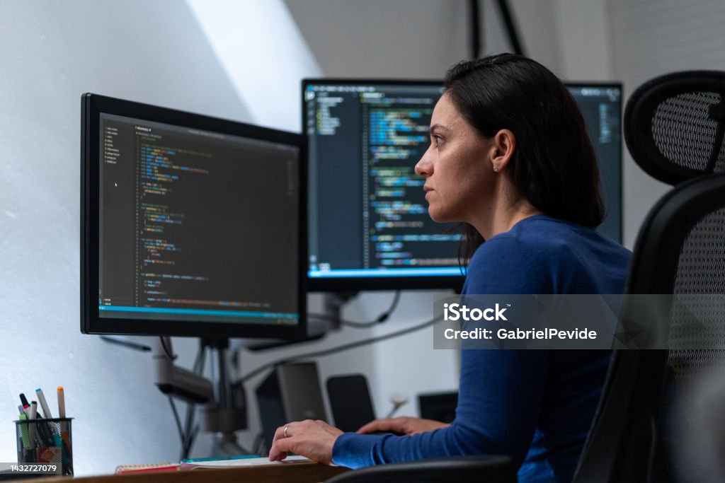 Woman Programming Software Codes Overnight Stock Photo - Download Image ...