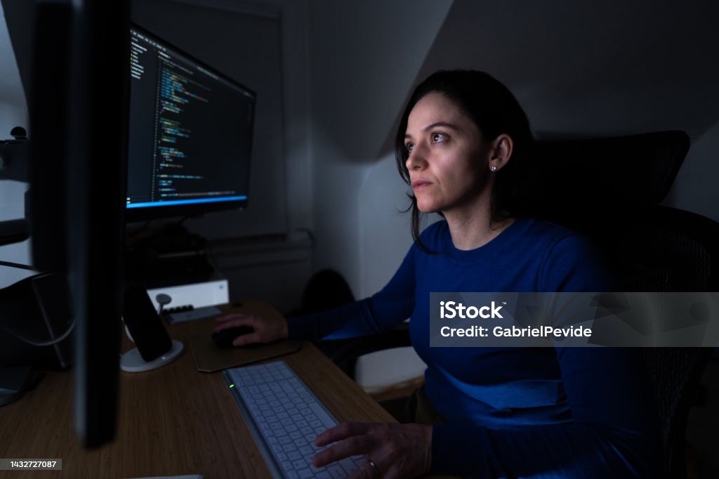 Woman Programming Software Codes Overnight Stock Photo - Download Image ...