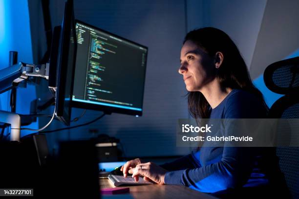 Woman Programming Software Codes Overnight Stock Photo - Download Image ...