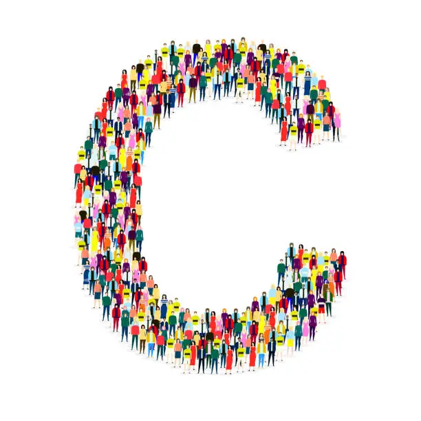 Vector illustration of Letter C assembled from a lot of people on a white background - Vector