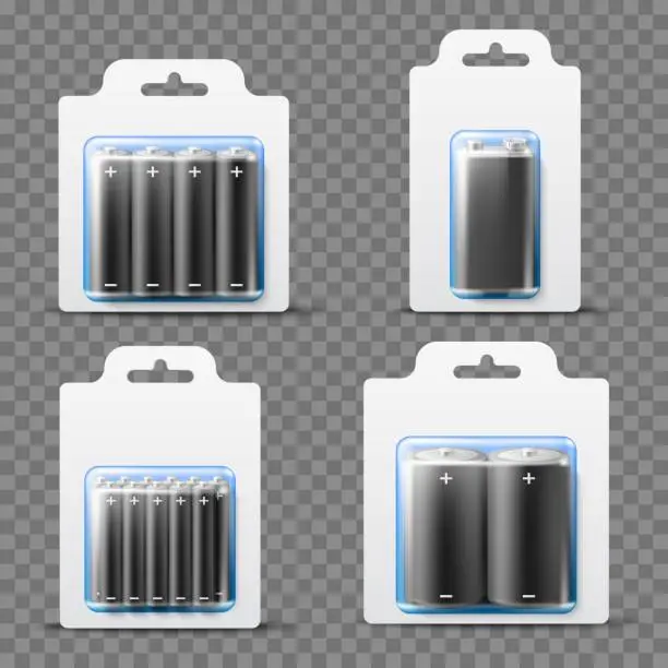 Vector illustration of Realistic battery packages. Different sizes and types mockup, electrical li ion alkaline components in transparent blisters, blank labels, electric 3d isolated objects utter vector set