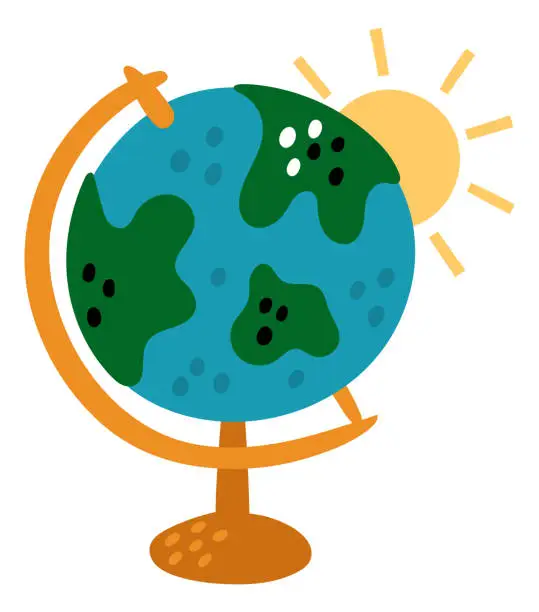 Vector illustration of School globe. Educational Earth model. Planet with continents and oceans. Animal students study geography. World cartography knowledges. Kids lesson. Globus map. Vector illustration