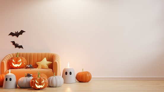 Halloween party in living room with orange sofa and accessories decoration party.3d rendering