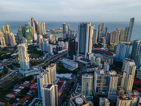 Beautiful aerial view of Panama City, and its skyscrapers - Panama City night lights - Sunset