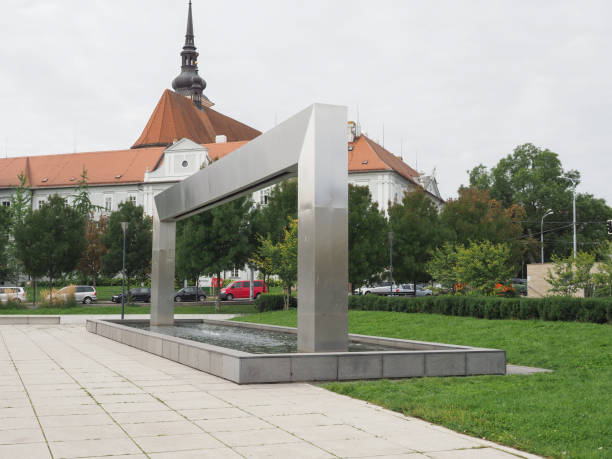 Brno, Czech Republic - Circa September 2022: Light fountain in front of Janacek Theatre