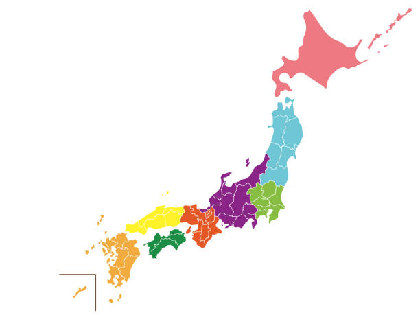 Illustration of a map of Japan, color-coded by area. Illustration of a map of Japan, color-coded by area. kanto region stock illustrations