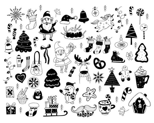 Big Christmas set doodles. Santa Claus, snowman, christmas cake and tree, sleigh with gifts and gingerbread, sock and unicorn, new year decor, skates, elk and garland. Isolated vector hand drawings Big Christmas set doodles. Santa Claus, snowman, christmas cake and tree, sleigh with gifts and gingerbread, sock and unicorn, new year decor, skates, elk and garland. Isolated vector hand drawings. how to draw a moose drawing stock illustrations