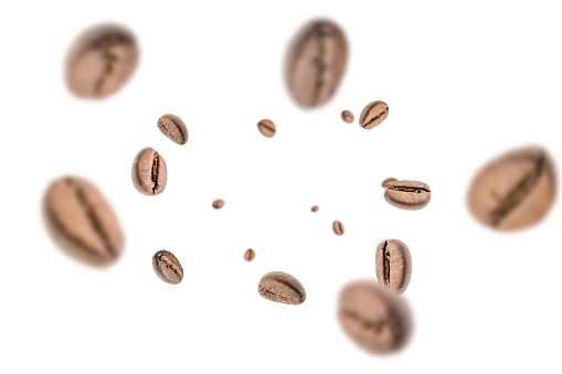 Coffee beans flying background. Black espresso grain falling on white. Rustic coffee bean fall isolated. Represent breakfast, energy, freshness or great aroma concept