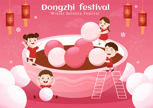 Dongzhi or Winter Solstice Festival Template Hand Drawn Cartoon Flat Illustration with Family Enjoying Chinese Food Tangyuan and Jiaozi Concept