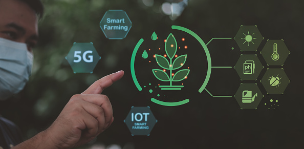 Farmer man uses virtual reality artificial intelligence (AI) to analyze plants in agriculture. Technology smart farming and agricultural innovation concepts. Smart farming with IoT.