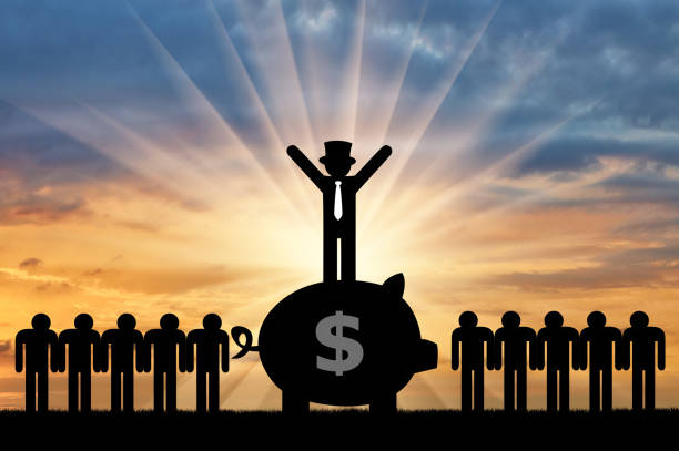 Concept of economic inequality. Rich man standing on a big piggy Bank with money next to ordinary people