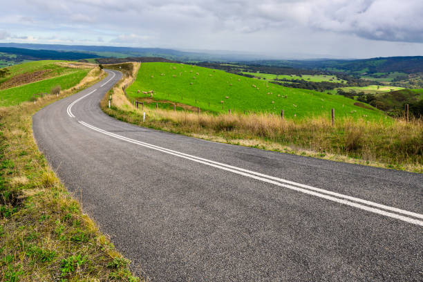 route sinueuse à travers les fermes d’adelaide hills - country road photos et images de collection