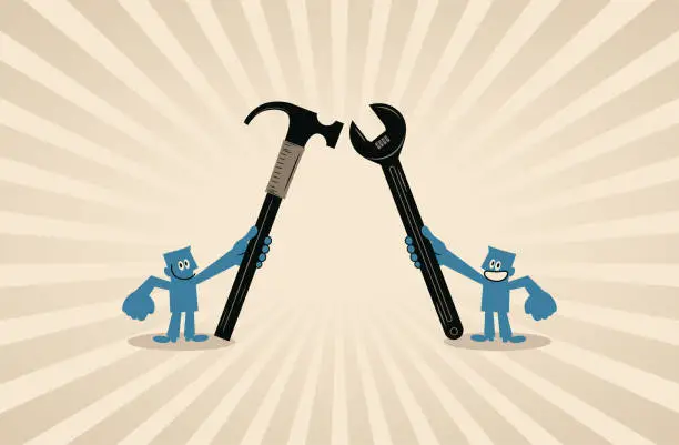 Vector illustration of Strong workers smiling and holding an adjustable wrench and hammer