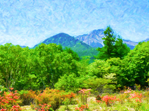 View of Kurumayama in summer.\nNagano Prefecture in summer in the style of an oil painting.