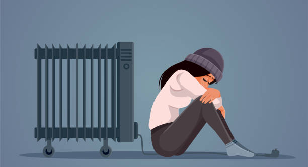 Woman Disconnecting Electric Heat Suffering from Cold Vector Illustration Unhappy person experiencing a power blackout because of energetic crisis in Europe electric plug dark stock illustrations