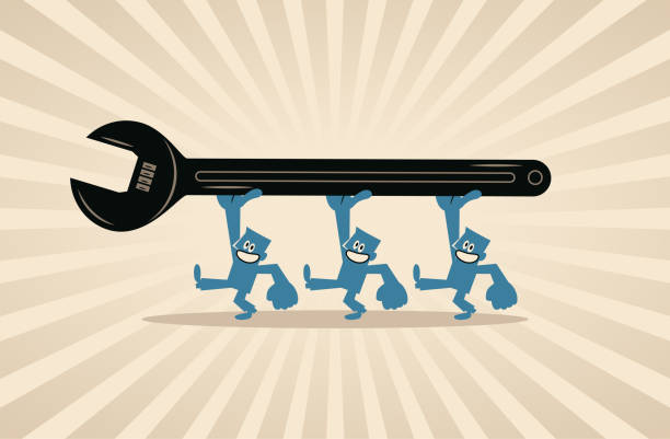 A Group of happy workers carrying a big adjustable wrench and walking Blue Cartoon Characters Design Vector Art Illustration.
A Group of happy workers carrying a big adjustable wrench and walking. teamwork slogan stock illustrations