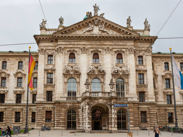 Palace of Justice, Neo-Baroque courthouse for the Bavarian Department of Justice, front entrance. Munich, Germany - July 4, 2011 : Justizpalast building. historic building stock pictures, royalty-free photos & images