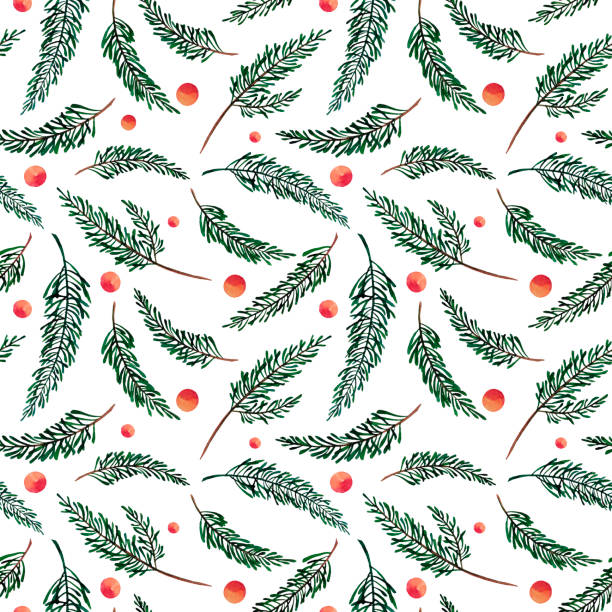 istock Seamless pattern with watercolor illustrations of branches of firs and berries isolated on white backdrop. 1432762318