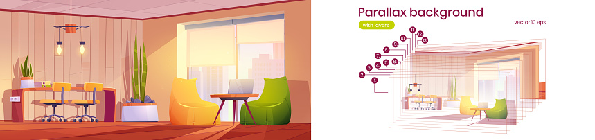 Parallax background coworking or home office interior, room for working with pc desk, chairs, large window. Area for freelance or business 2d game animation layers, Cartoon vector illustration