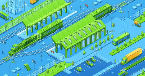 Vector illustration of Isometric city infrastructure, railway with trains