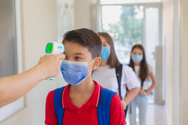 istock Teacher checking temperature of students with face mask for pandemic while children go back to school 1432764813