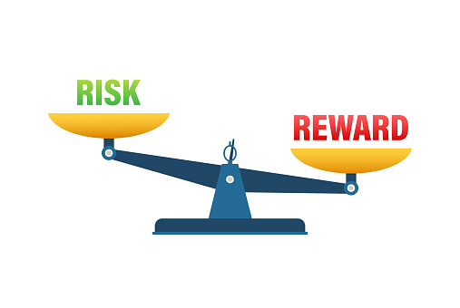 Risk vs reward balance on the scale. Balance on scale. Business Concept. Vector stock illustration.