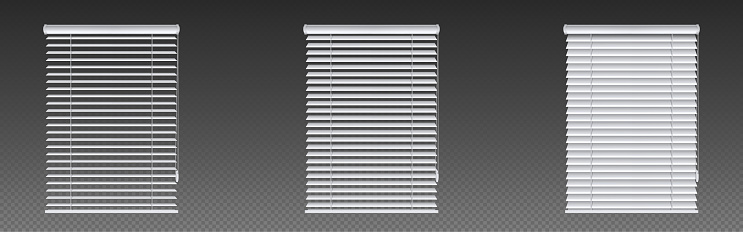Window venetian blinds, jalousie curtains isolated on transparent background. Vector realistic set of white plastic louver shades for house or office interior