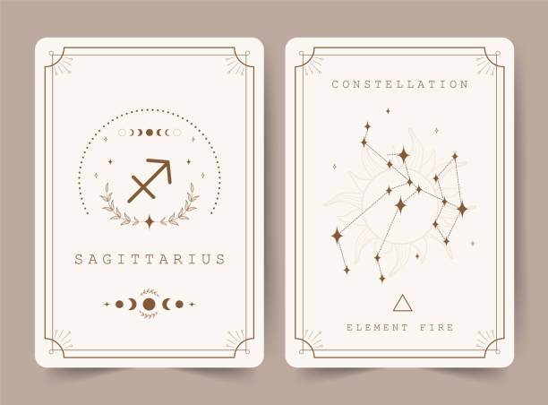 ilustrações de stock, clip art, desenhos animados e ícones de sagittarius. witchcraft cards with astrology zodiac sign and constellation. perfect for tarot readers and astrologers. occult magic background. horoscope template. vector illustration in boho style - gothic style illustrations