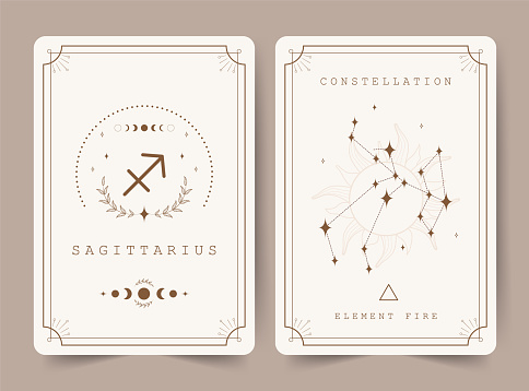 Sagittarius. Witchcraft cards with astrology zodiac sign and constellation. Perfect for tarot readers and astrologers. Occult magic background. Horoscope template. Vector illustration in boho style.