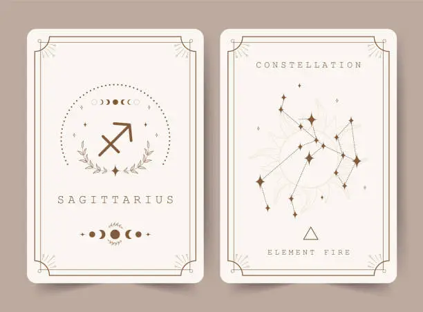 Vector illustration of Sagittarius. Witchcraft cards with astrology zodiac sign and constellation. Perfect for tarot readers and astrologers. Occult magic background. Horoscope template. Vector illustration in boho style
