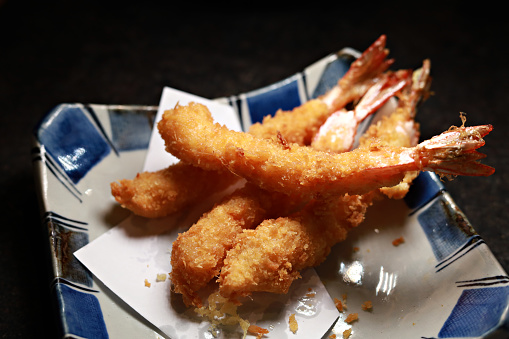 Fried shrimps, Ebi furai is dusted with flour, dipped into a beaten egg mixture, then finally coated in breadcrumbs and deep-fried to form a crunchy, golden brown shell.