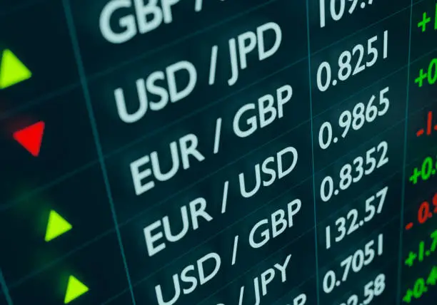EUR, USD, GBP, JPY rates on the screen. Business, currency trading and banking concept. 3D illustration