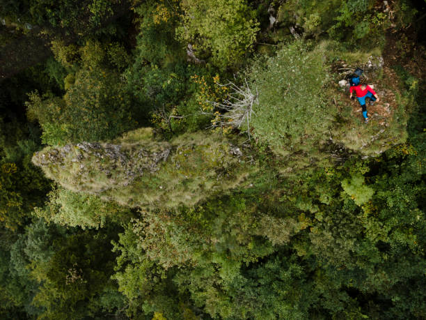 istock Hiker, middle-aged climber is on rock, surrounded by forest and makes recording of himself with a drone, lilienfeld, austria 1432768352