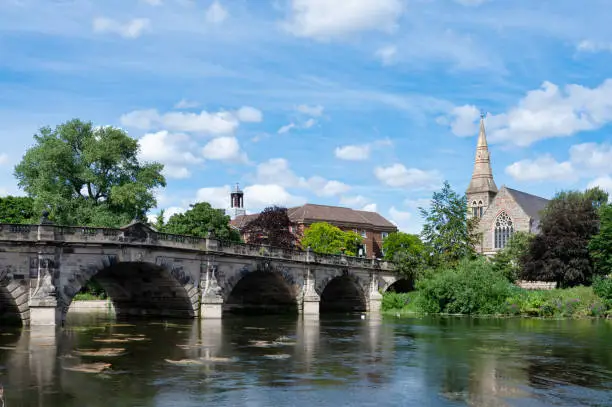 The old stone English Bridge over the river Severn in Shrewsbury, England