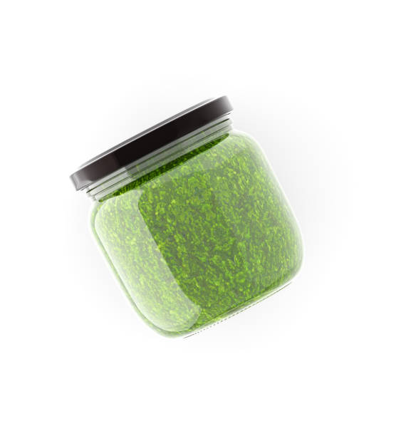 빈 포장, 모형. 흰색 배경에 녹색 페스토가있는 유리 병 250ml. 3d 그림, 3d 렌더링 - jar pesto sauce packaging food 뉴스 사진 이미지