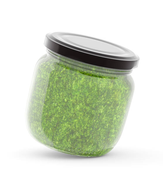 빈 포장, 모형. 흰색 배경에 녹색 페스토가있는 유리 병 250ml. 3d 그림, 3d 렌더링 - jar pesto sauce packaging food 뉴스 사진 이미지