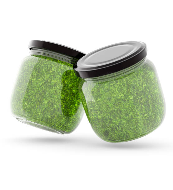 빈 포장, 모형. 흰색 배경에 녹색 페스토가있는 유리 병 250ml. 3d 그림, 3d 렌더링 - jar pesto sauce packaging food 뉴스 사진 이미지