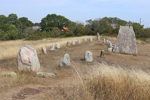 View of Gettlinge Grave Field on the island of Öland in Sweden. The Viking stone ship burial site is an important archeological area in Scandinavia.