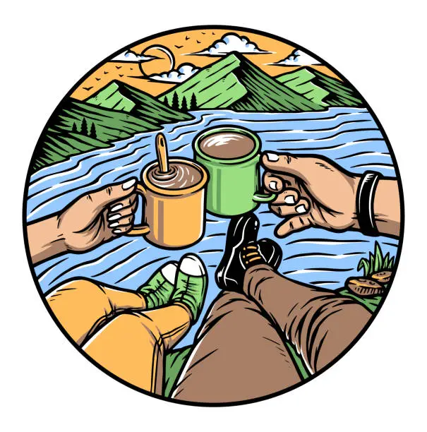 Vector illustration of people enjoying coffee on the hill illustration