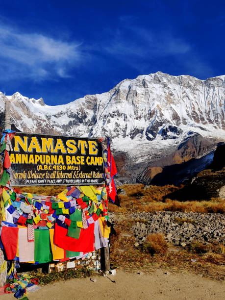 Annapurna base camp welcome sign board in Nepal. Namaste means greetings to you. Annapurna base camp trek. Annapurna base camp submit sign board. stock photo