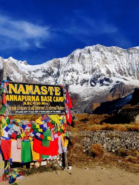 Annapurna base camp welcome sign board in Nepal. Namaste means greetings to you. Annapurna base camp trek. Annapurna base camp submit sign board.