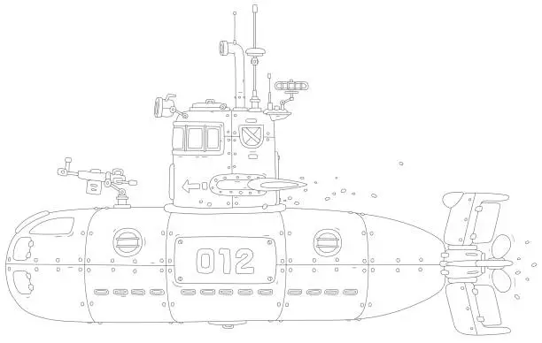 Vector illustration of Navy submarine on combat patrol in an ocean