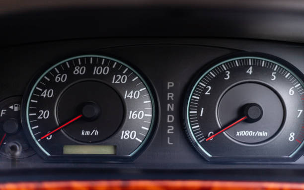 speedometer of a car with rpm and km meter - speedometer odometer car rpm imagens e fotografias de stock