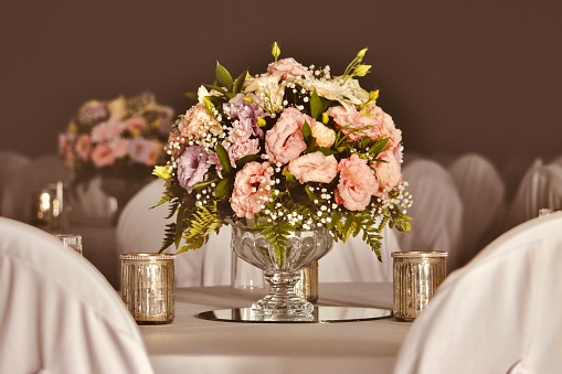 Flower bouquet, wedding venue table